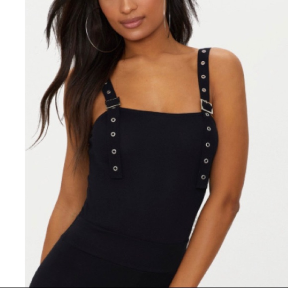 Black Buckle Strap Thong Bodysuit